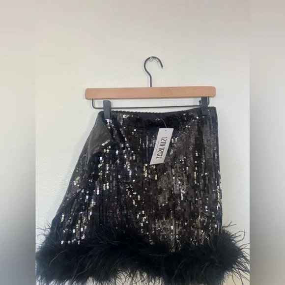 12th Tribe Black Sequin Mini Skirt with Feather Trim - Picture 2 of 3